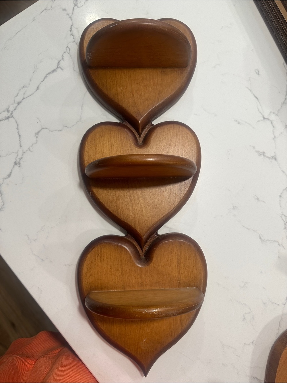 Vintage Wooden Heart Wall Shelf Trio in Warm Brown 17”